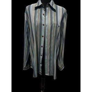 Tommy Bahama Mens Striped Long-Sleeve Button-Down Shirt 100% Silk Blue Beige